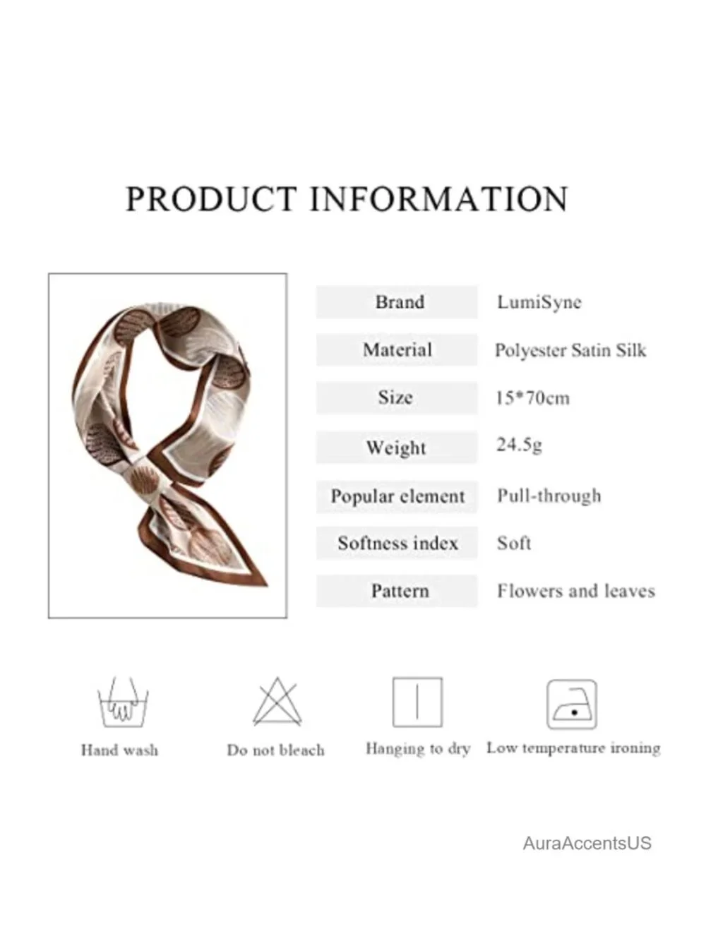 LumiSyne Skinny Silk Scarf Pull-Through Floral Leaf Pattern Long Neckerchief